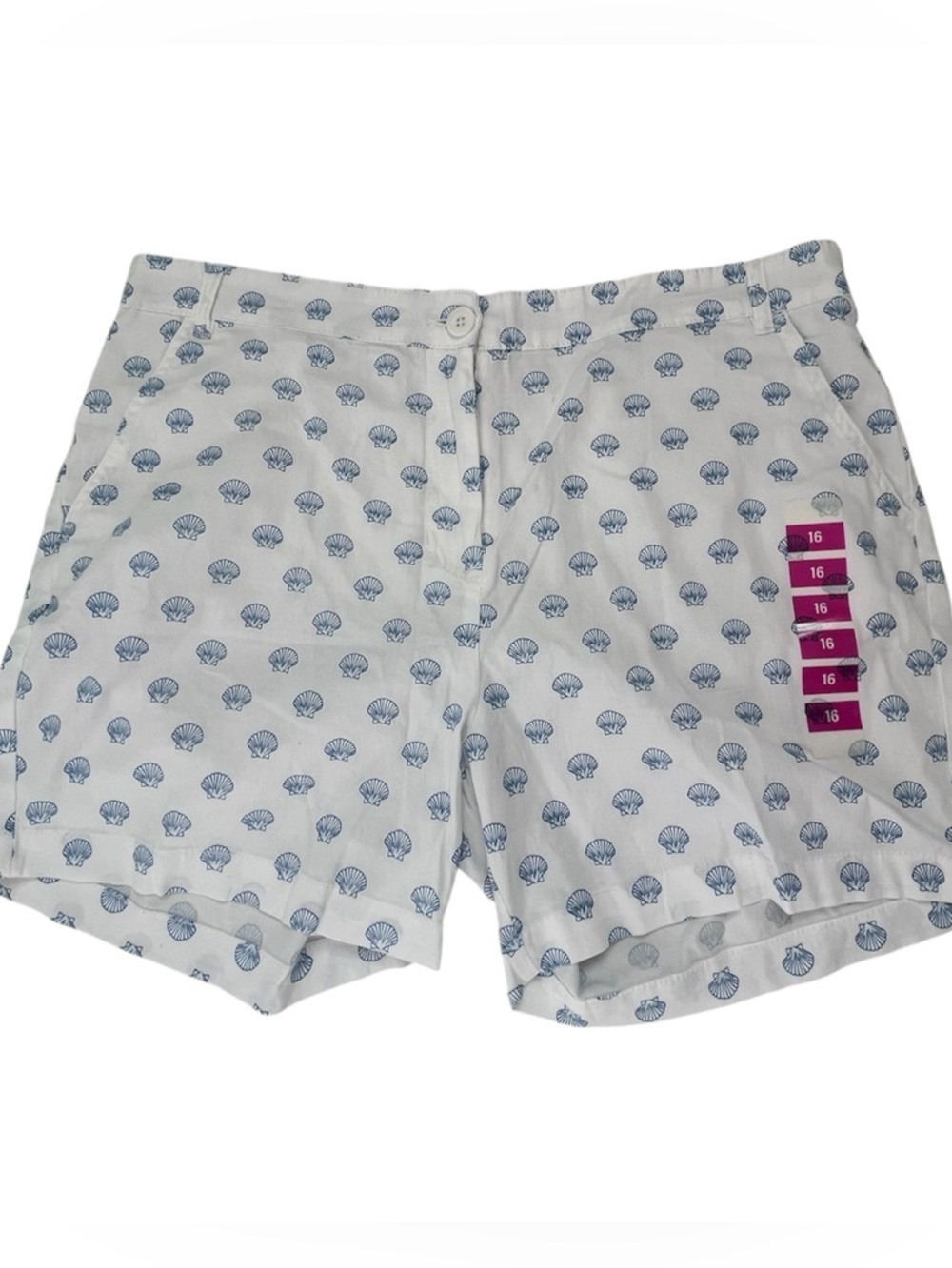 Caribbean Joe White / Blue Shell-Print Cotton Shorts Sz 16 NWT Pockets